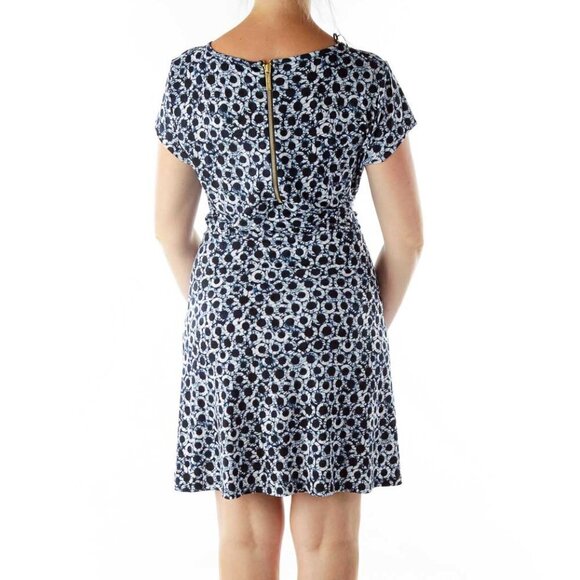 Michael Michael Kors Blue Circle Print A-Line Dress L | Cap Sleeve Gold Zip - Picture 2 of 13